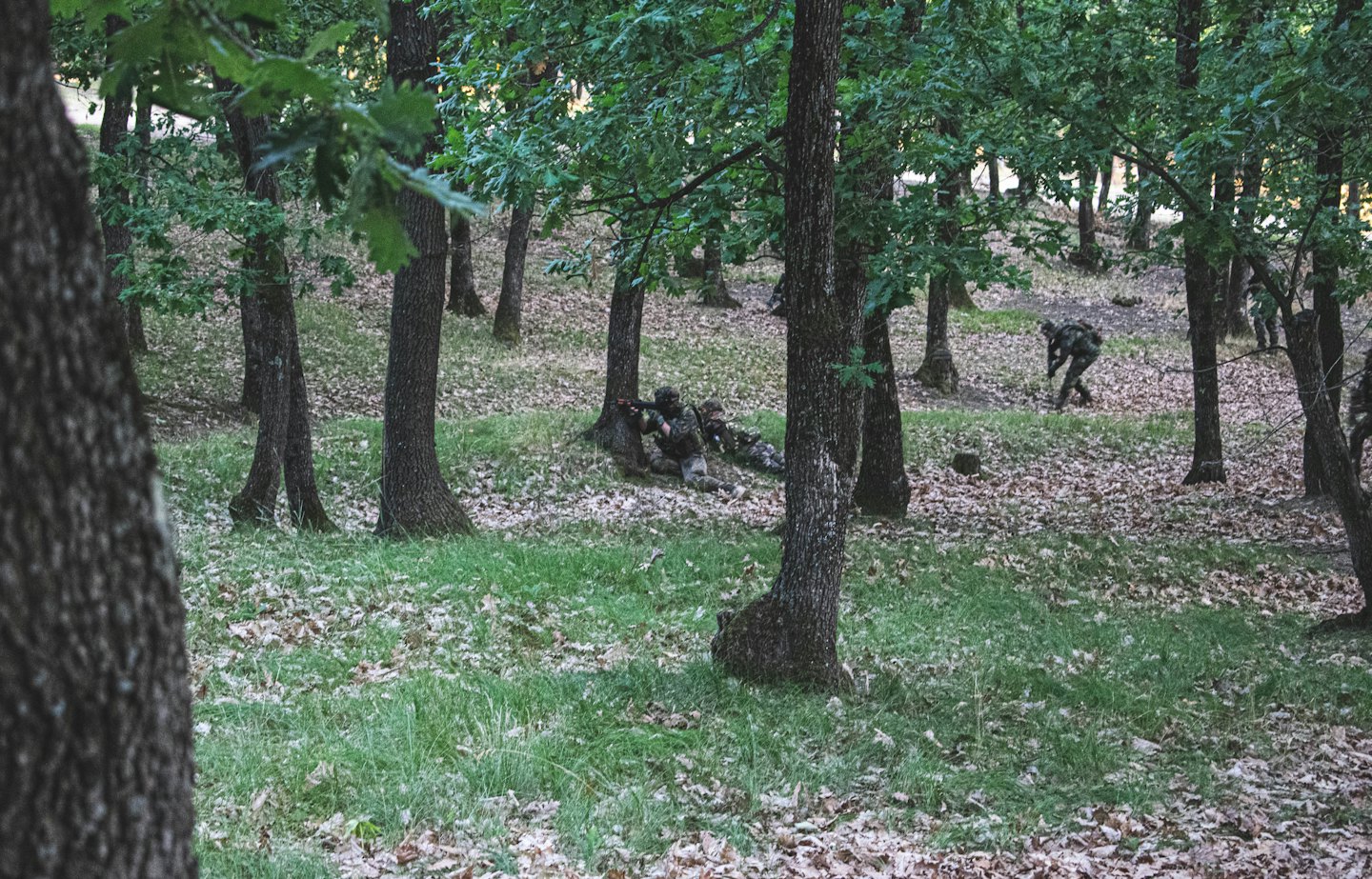 Tre soldati in uniforme mimetica si muovono in una fitta foresta.